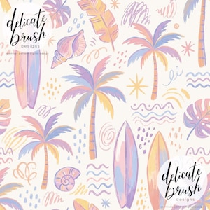 May include: Seamless pattern digital design featuring pastel-colored palm trees, surfboards, seashells, and tropical leaves. The design includes the text "delicate brush designs" in a circular logo.