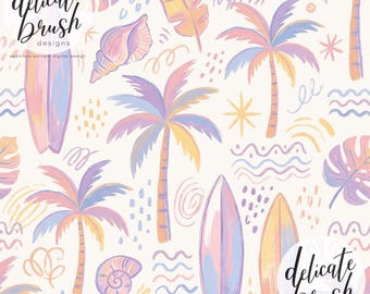 Padrão sem costura em tons pastel com motivos de praia de Memphis, surf, surf e conchas, pintado em aquarela. Ideal para férias e feriados. / Design para tecido / Padrão digital.
