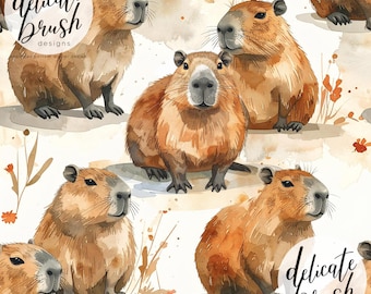 Watercolour Painted Capybara Animals Cute Seamless Pattern / Fabric Design / Surface Pattern / Digital Pattern
