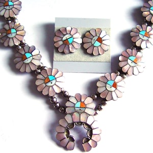 Zuni Inlay Squash Blossom Necklace: Sterling Silver Sunface Kachina, 27&quot; w/ Earrings