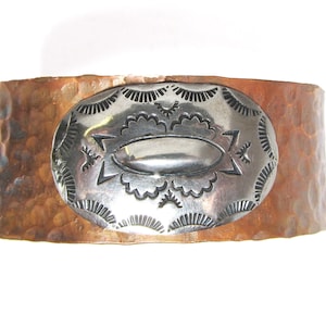 Vintage sterling silver concho, turquoise & coral, on hammered copper cuff