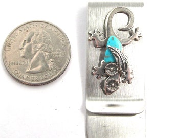 sterling silver & turquoise money clip stocking stuffer, feathered gekko design with cactus flowers