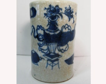 antique Chinese blue white brush pot, vase & flowers, crackle glaze