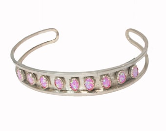 Sterling silver cuff bracelet with pink lab opal, 7 inches x 1/2 inch