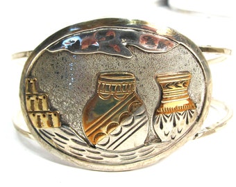 sterling silver bracelet Navajo pot design, 6 3/4 inch wrist, 14k gold overlay