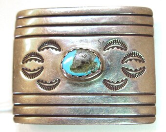 Belt buckle, sterling silver & turquoise, stampwork signed "DM" for Daniel Martinez