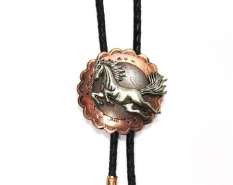 rearing horse copper bolo tie, 36" braided leather lanyard, 2" diameter focal