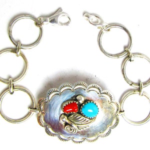 sehr altes Concho Armband, Sterling Silber, 7&quot; lang, türkis & koralle