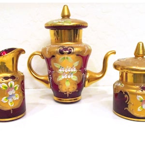 Murano tea set, 24 karat gold and ruby red glass, original Trefuochi pattern