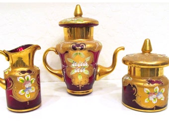 Original Murano tea set, 24 karat gold and ruby red glass, Trefuochi pattern