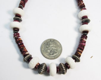 Sterling silver necklace set with spiny oyster and coral and fluted sterling spacer beads