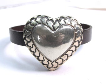 Sterling silver heart bracelet, Italian leather band, brushed chrome magnetic clasp, 7 3/4" long