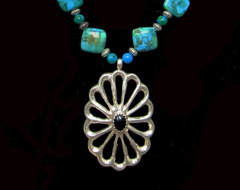 Delicate sterling silver & turquoise necklace, Native American sandcast concho