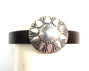 Sterling silver stamped concho bracelet on Italian leather, brushed chrome magnetic clasp, 8 inches long