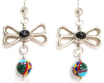 Sandcast sterling onyx butterfly earrings, inlaid ball dangle