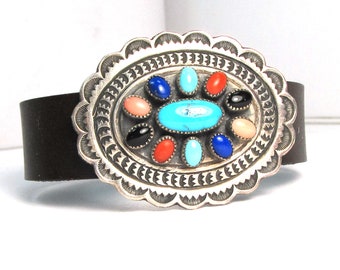 Sterling silver bracelet, leather strap, Calvin Martinez concho, 8 inches