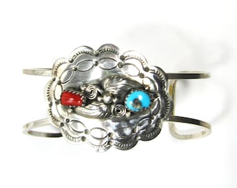 cuff bracelet, sterling silver, coral & turquoise, 1 1/4" wide, fits 7" wrist