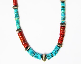 Kingman turquoise & red jasper sterling silver heishi bead necklace, 21" long