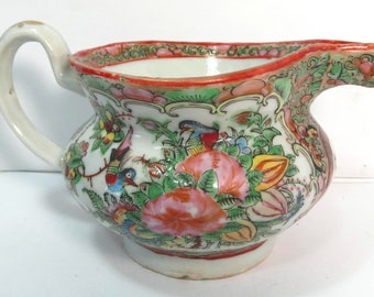 vintage Chinese heavy porcelain gravy boat or saucier - Famille Rose pattern