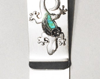 sterling silver & turquoise money clip stocking stuffer, Southwestern gekko design