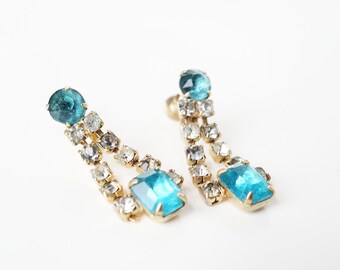 Vintage Rhinestone Mermaid Screw Back Earrings – Clear and Aqua Blue Rhinestone Chandelier Earrings – Something Blue Earrings