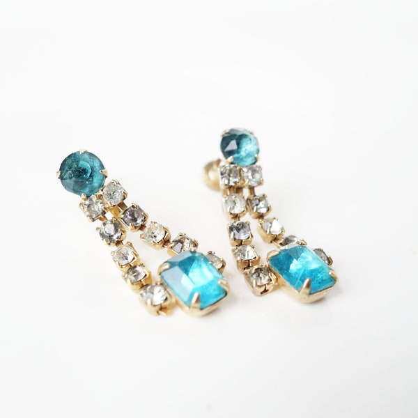 Vintage Rhinestone Mermaid Screw Back Earrings – Clear and Aqua Blue Rhinestone Chandelier Earrings – Something Blue Earrings