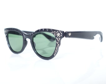 Vintage South of the Border 1950s Sunglasses – Jet Black Horn Rim Eyeglasses – Black and Silver Mid Century Sunnies – Costume Sunglasses