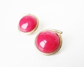 Vintage Red Button Clip On Earrings Classic Ruby Red Glass and Brass Modernist Earrings Retro 1980s Statement Earrings
