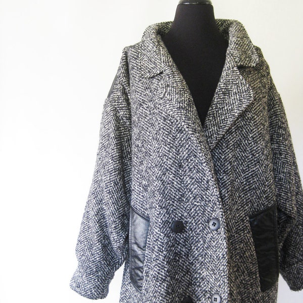 Vintage LEATHER Slouchy Wool Jacket 1980s Xxl PLUS SIZED Indie Glam Rocker Overcoat Outerwear 80s Eighties