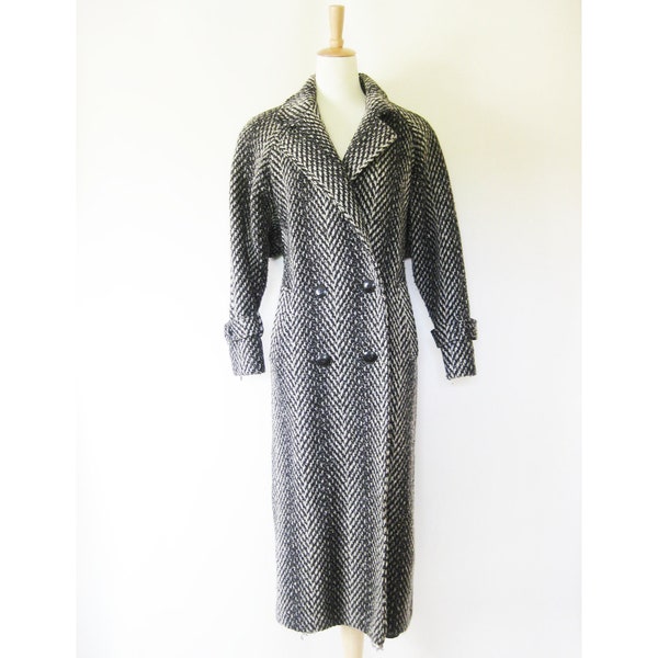 Vintage 1970s Womens Coat Opera Full Length Wool 70s Op ART Grey Black Optical Stripe Extra Large Xl L Striped Optical
