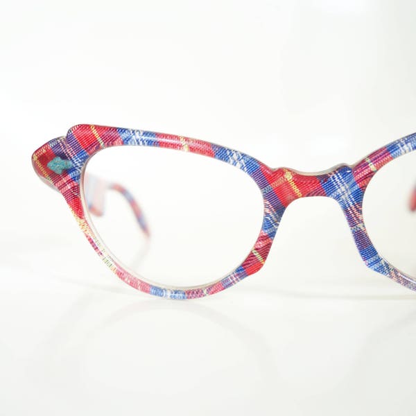 1950s Cat Eye Glasses - Plaid 50s Pin Up Cateye Eyeglasses - Cat Eye Eyeglasses - Red and Blue Tartan Plaid - Classic American Cateyes