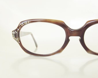 1950s Rhinestone Eyeglasses - Womens Vintage 50s Boxy Glasses - Vintage Optical Frames with Rhinestones - Dark Chocolate Brown Acetate