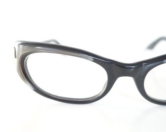 French Cat Eye Glasses – Womens French Eyeglass Frames – Jet Black and Dusty Blue Glasses – Mid Century Cat Eye Ladies Optical Frames