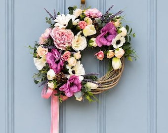 Cream and Pink Floral Wreath, Peony Tulip Rose Anemone Door Decoration