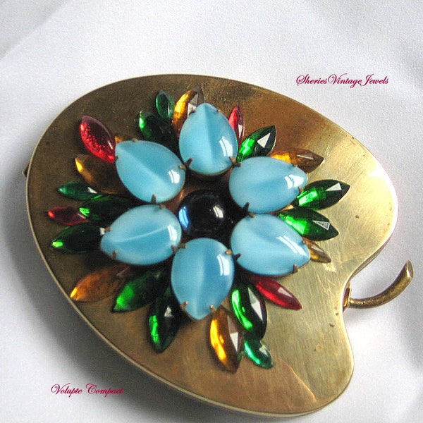 Vintage Volupte Jeweled Compact Glass Multi Color Stones Mirror and Powder Compact
