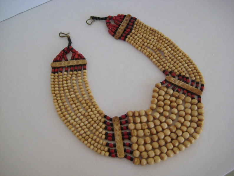 Vintage Large Tribal Bib Necklace Elk Horn Red Glass Black Wood Beads Bold Statement Jewelry