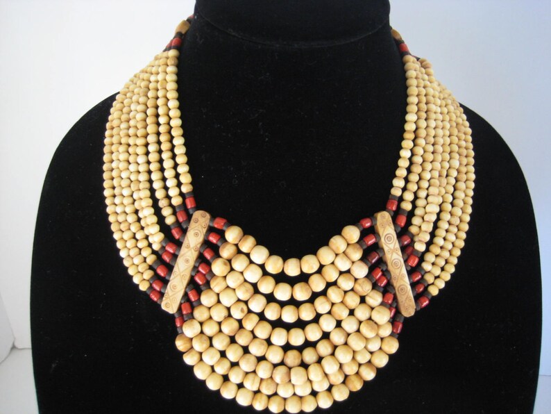 Vintage Large Tribal Bib Necklace Elk Horn Red Glass Black Wood Beads Bold Statement Jewelry