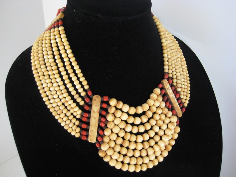 Vintage Large Tribal Bib Necklace Elk Horn Red Glass Black Wood Beads Bold Statement Jewelry