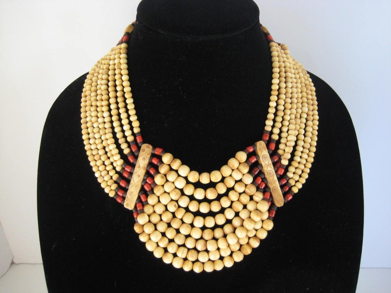Vintage Large Tribal Bib Necklace Elk Horn Red Glass Black Wood Beads Bold Statement Jewelry