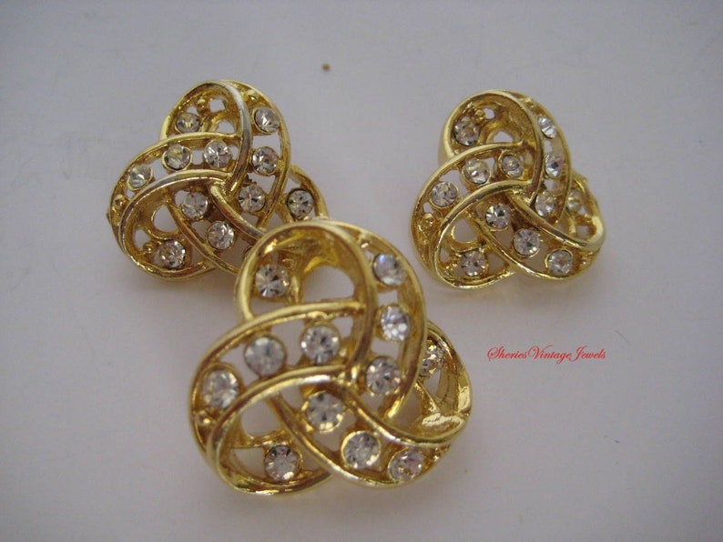 Vintage Love Knots Buttons Rhinestones Gold Tone Metal Three Designer Buttons