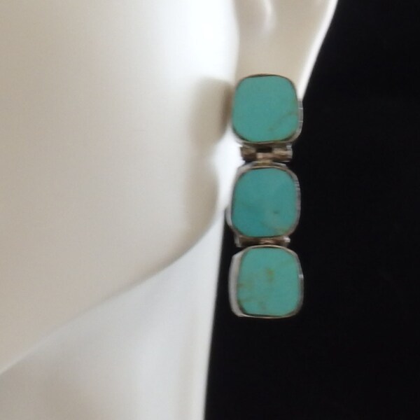 Sterling Silver Turquoise 3-Stone Hinged Dangle Earrings