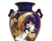 Japanese Cobalt Blue and Gold Double Peacock Design Vase with Handles