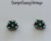 Small Native American Sterling Silver Turquoise Snake-Eye Cluster Earrings, Pierced