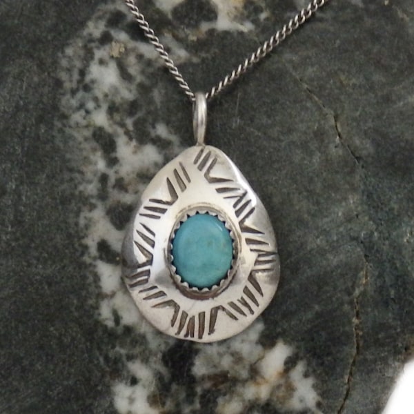 Tommy Singer Navajo Tooled Sterling Silver Turquoise Pendant Necklace