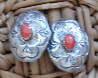 Navajo Leroy Sandoval Sterling Silver and Coral Concho Clip Earrings