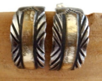 Native American Sterling Silver And Brass Tooled Curved Half Hoop Earrings, Signed