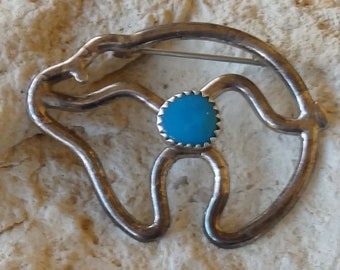 Signed Navajo Sterling Silver Turquoise Accent Spirit Bear Brooch