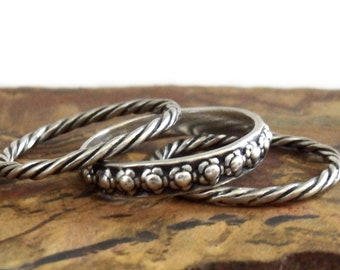 Sterling Silver Stacking Rings, Set of 3: a Dot Flower Band Ring and 2 Twisted Wire Ring Guards, Size 8