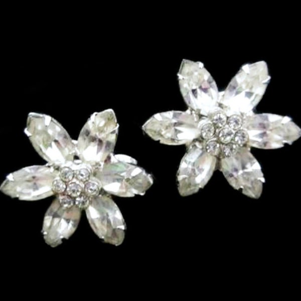 Weiss Rhodium Clear Rhinestone Flower Clip Earrings