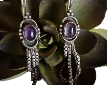 Sterling Silver Amethyst French Wire Earrings with Box Chain Dangles